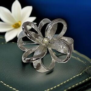 Vintage Flower Brooch Ribbon Pin Faux Pearl Silver Tone Brushed Large Open Work.